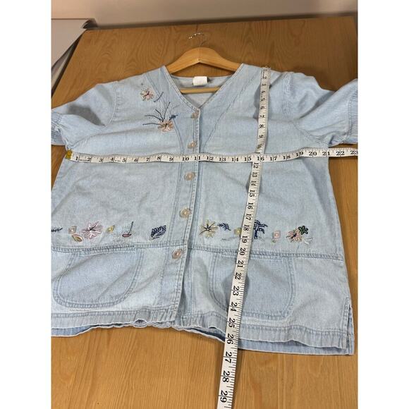 VTG 90s Cottage Floral Embroidered Cropped Boxy Large Cotton Button Down - Picture 5 of 6